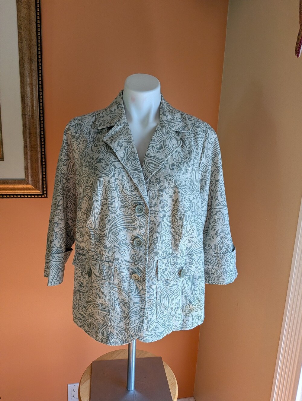 Studios SW Works Light Green Paisley Button-Front Women's Jacket Size 1X Linen